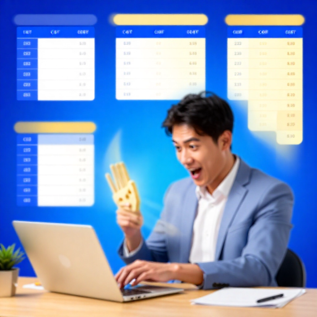 年輕上班族在筆電上計算聰明包牌組合,藍金色系資訊圖表顯示成本比較,興奮規劃姿勢