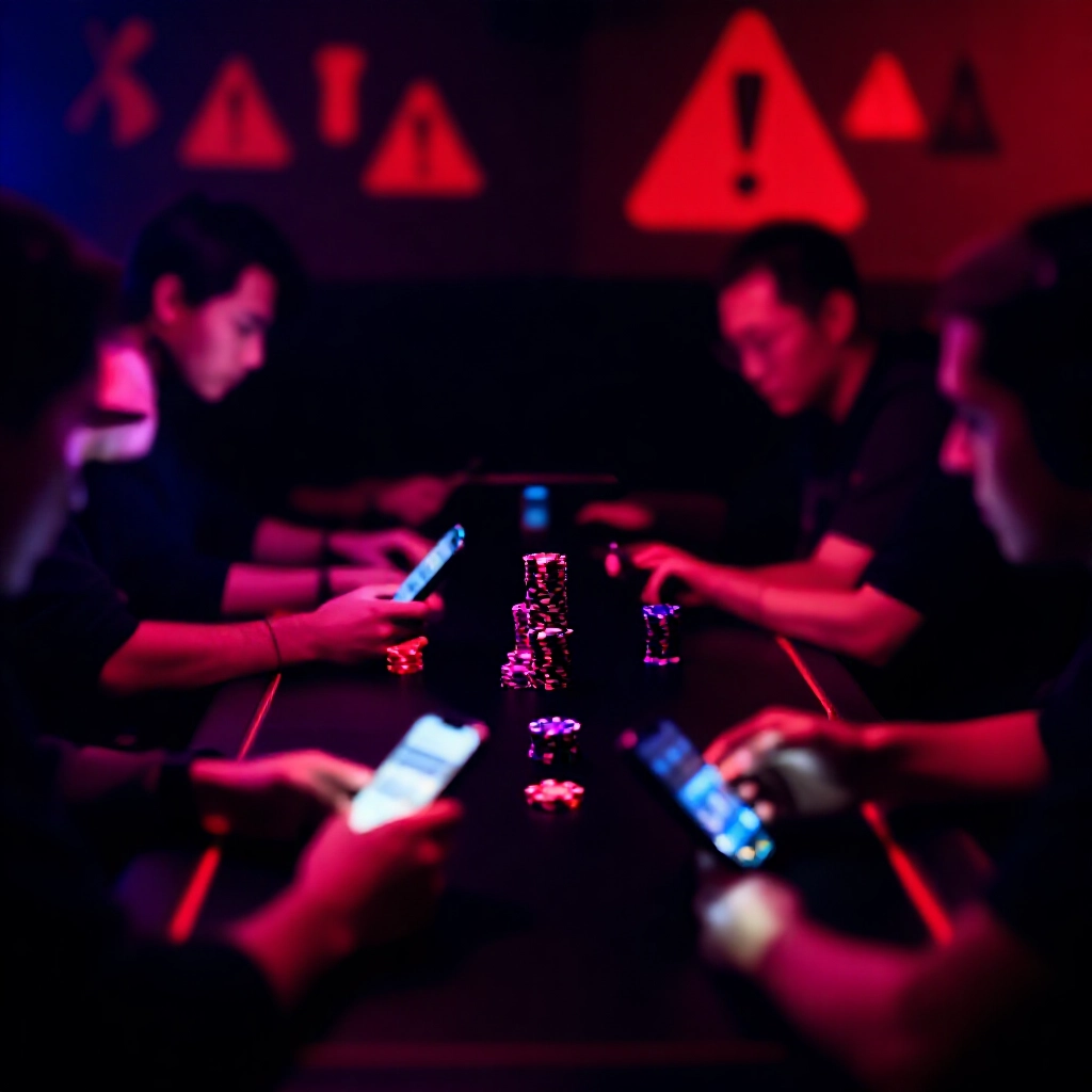 昏暗遊戲室,玩家專注於桌上智慧型手機顯示娛樂城遊戲,虛擬籌碼透過陰影經紀人介面交換,紅色警示閃爍,緊張戲劇性紅藍色調