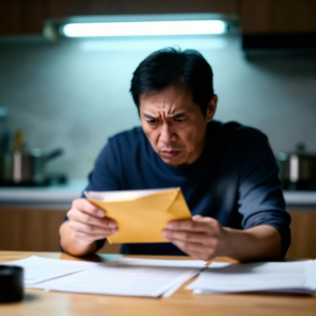 憂慮中年台灣男子在刺眼燈光廚房開啟官方信封，緊張表情，木桌散落文件