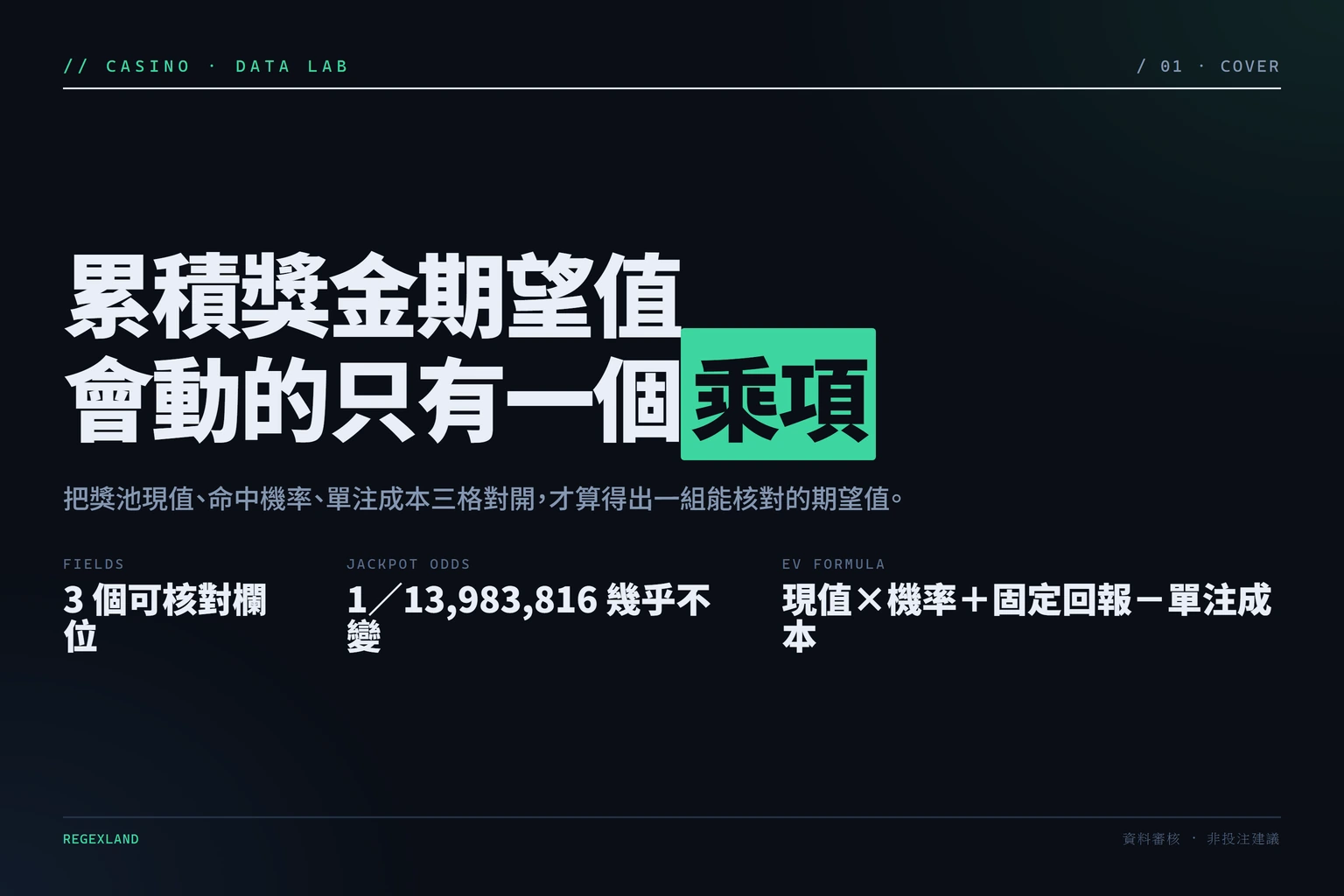 累積獎金期望值資訊圖：三個可核對欄位各自的出處與角色，以及獎池成長速率的位置。